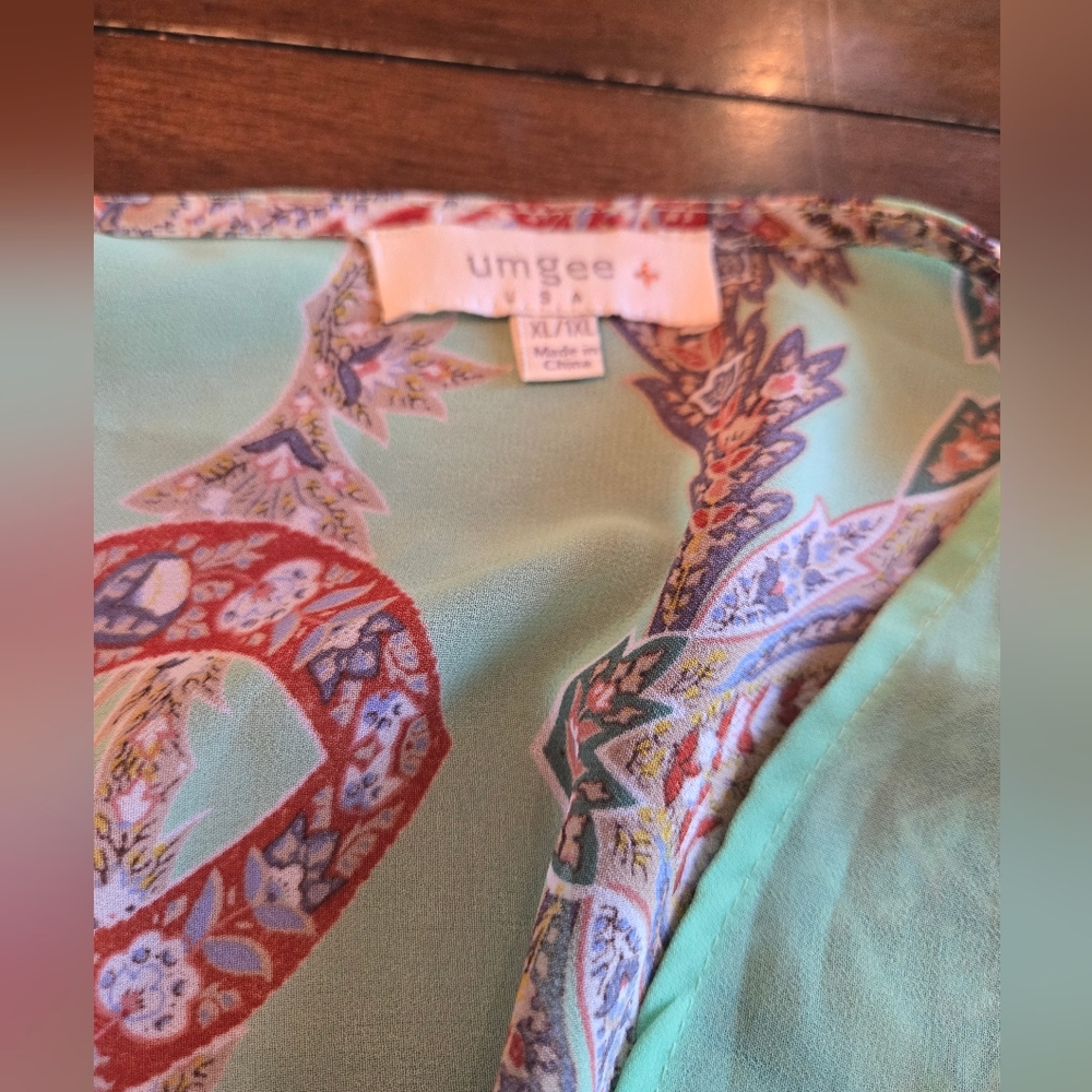 Umgee Mint Paisley Kimono with Pom Trim - Picture 3 of 3